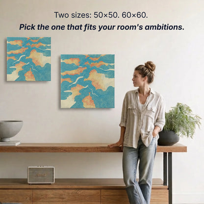 River canvas wall art two sizes 50x50cm and 60x60cm shown to scale, small wall art option available