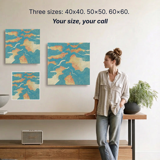 River canvas wall art two sizes 50x50cm and 60x60cm shown to scale, small wall art option available