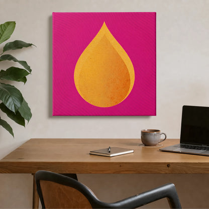 Self care wall art fire canvas in study with dark desk, laptop, and warm lamp light