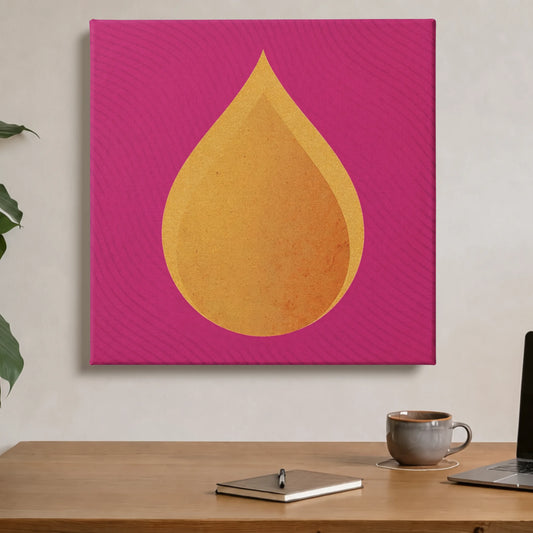Self care wall art fire drop canvas printed in Australia, golden drop on magenta square canvas, ready to hang by RoomFruit