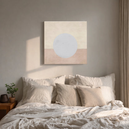 Self love wall art for bedroom, moon canvas above bed with natural linen bedding and warm muted tones