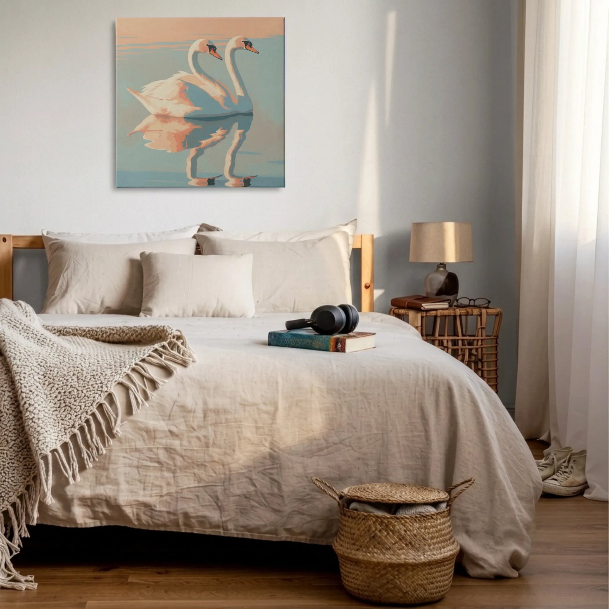 Self love wall art for bedroom, swan canvas above bed with grey linen bedding and fringed throw