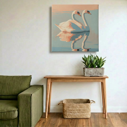 Self love wall art for living room, swan canvas with olive green sofa, timber side table, and eucalyptus vase