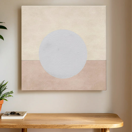 Self love wall art full moon canvas printed in Australia, pale silver moon on blush and cream square canvas, ready to hang by RoomFruit