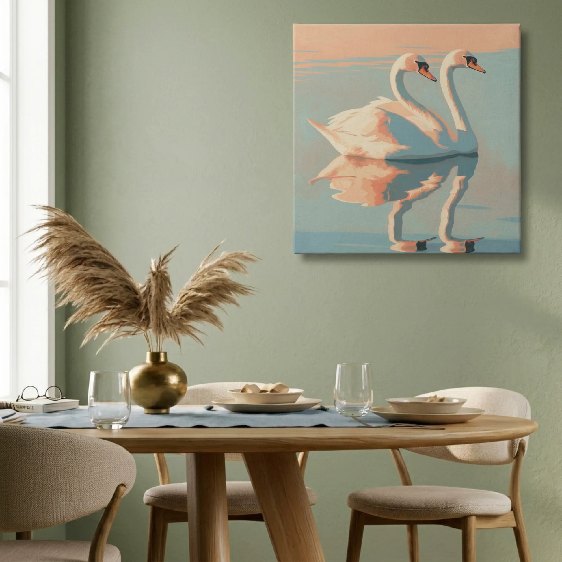 Self love wall art swan canvas in dining room with timber table and warm neutral chairs