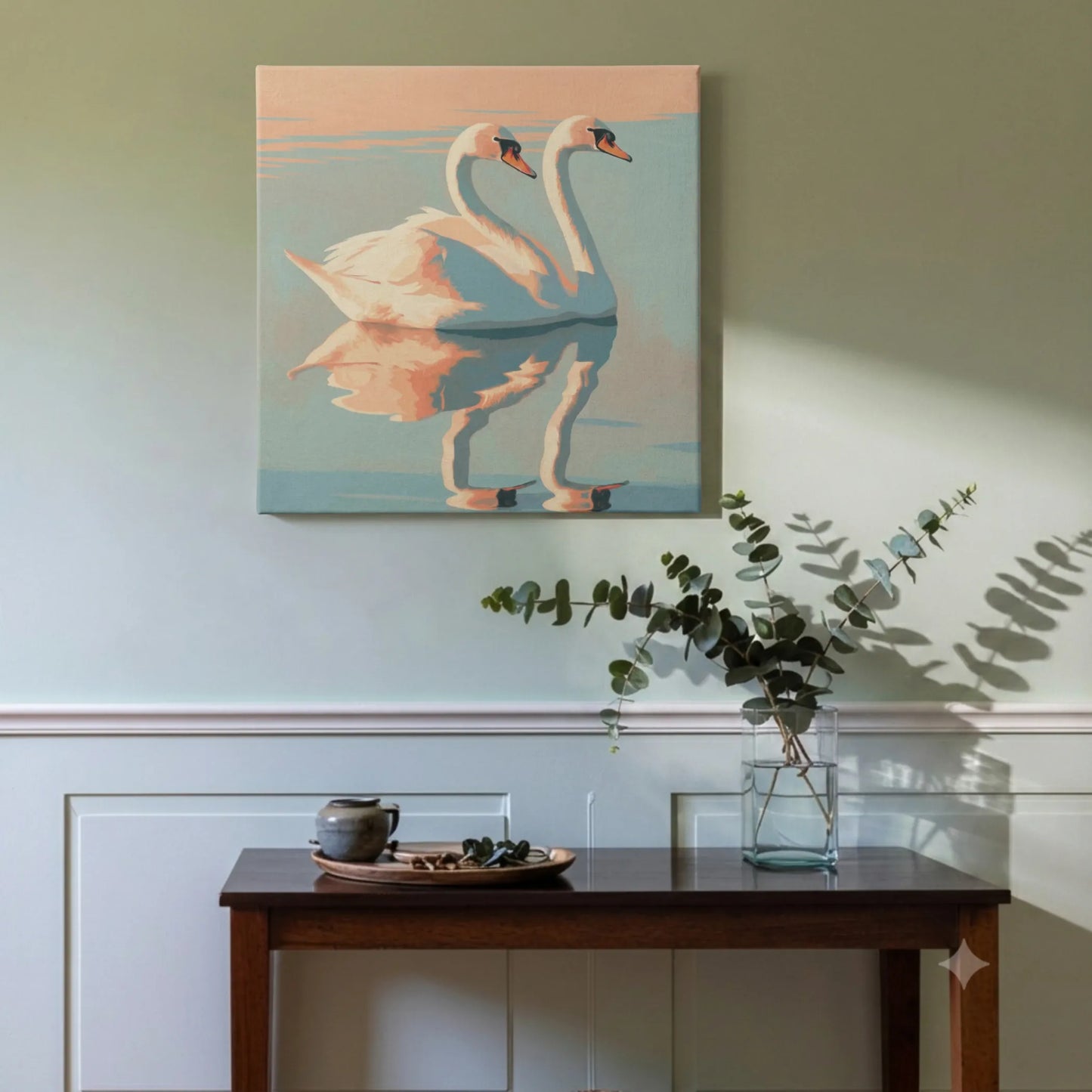 Self love wall art swan canvas in entryway with timber console table, woven basket, and warm timber flooring