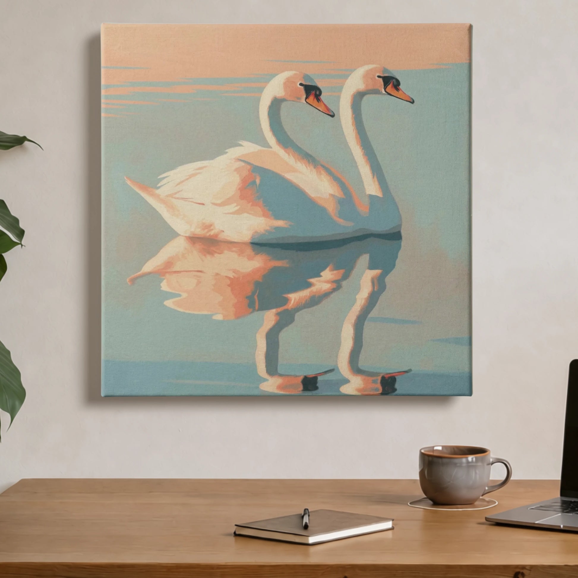 Self love wall art swan canvas printed in Australia, two swans on peach and pale blue square canvas, ready to hang by RoomFruit