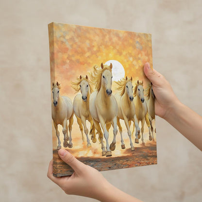 Close-up of running horses wall art highlighting seven horses canvas vastu art and wealth attraction art. 