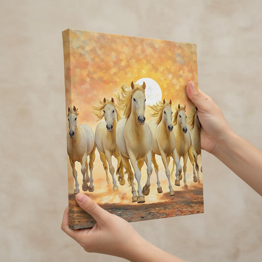 Close-up of running horses wall art highlighting seven horses canvas vastu art and wealth attraction art. 