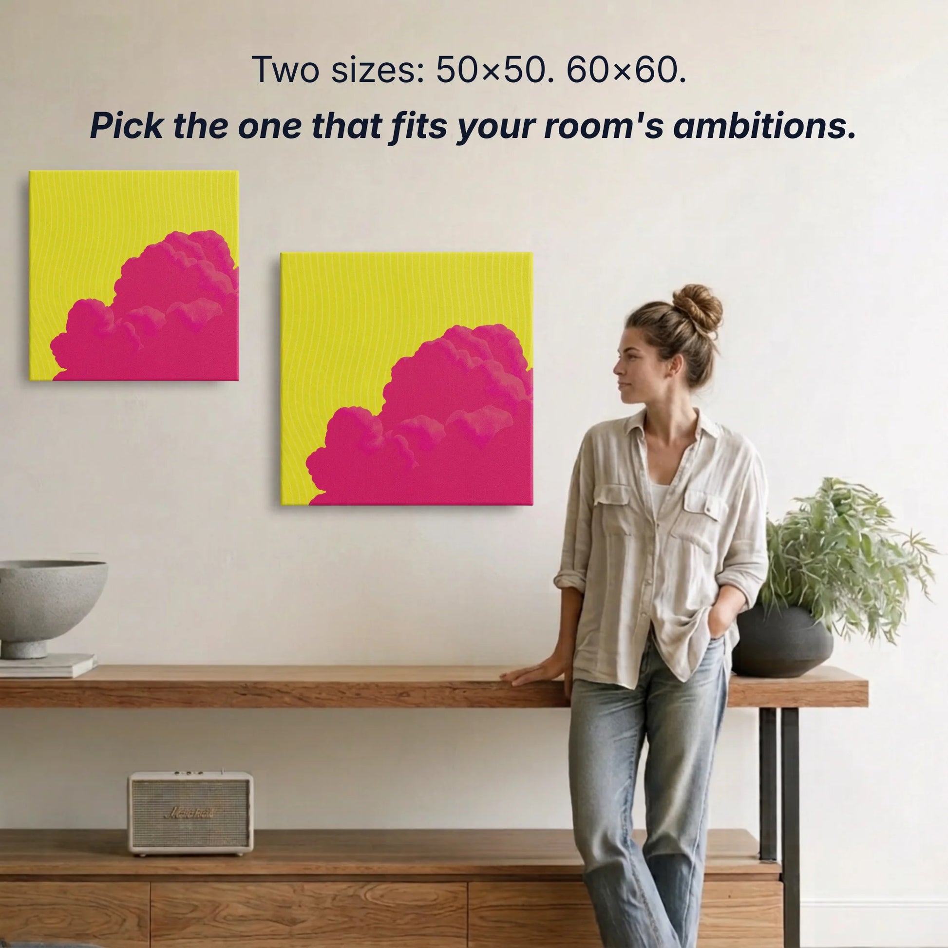 Sky canvas wall art two sizes 50x50cm and 60x60cm shown to scale, small wall art option available