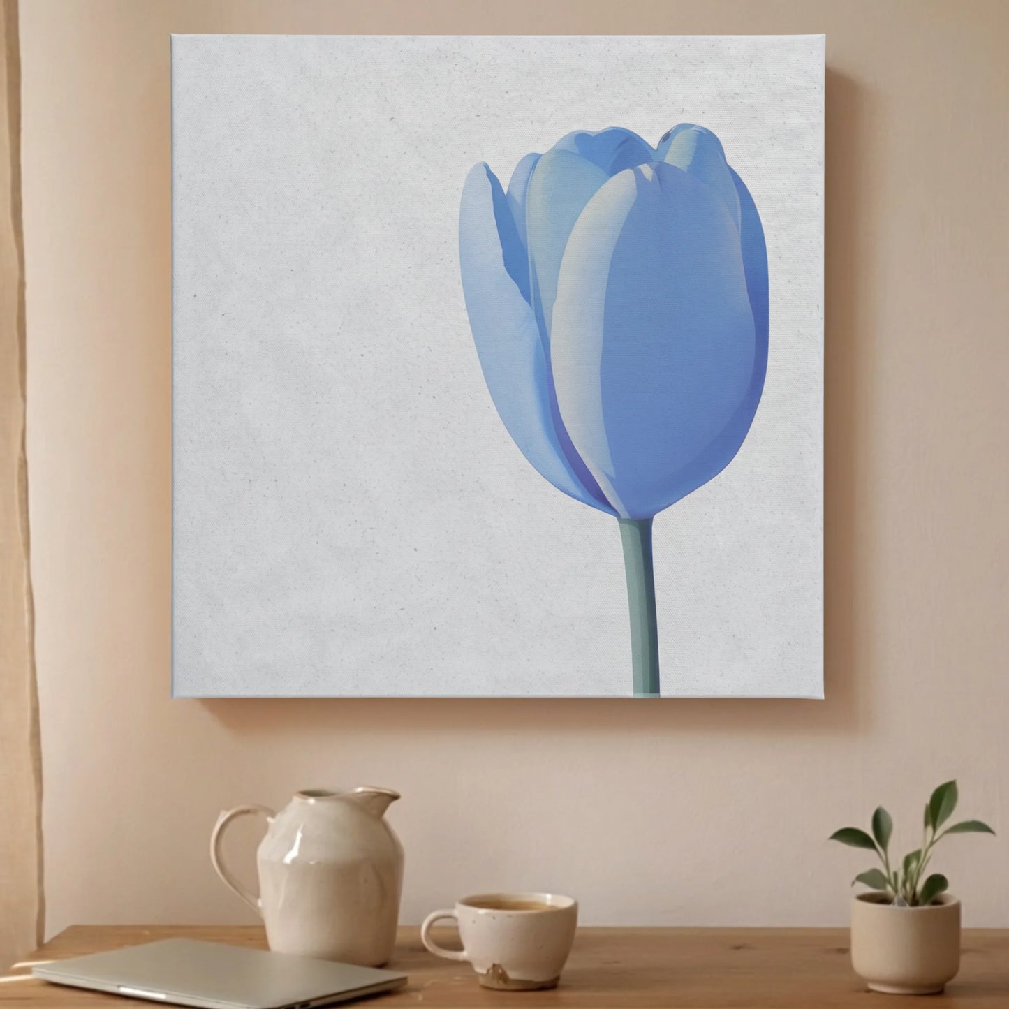 Slow living wall art blue tulip canvas printed in Australia, single tulip on white square canvas, ready to hang by RoomFruit