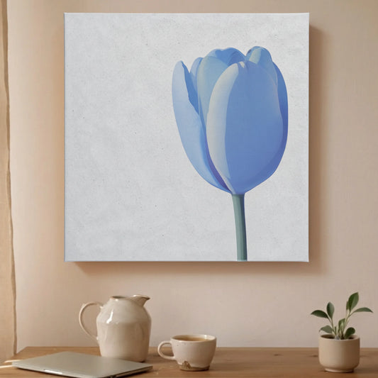 Slow living wall art blue tulip canvas printed in Australia, single tulip on white square canvas, ready to hang by RoomFruit
