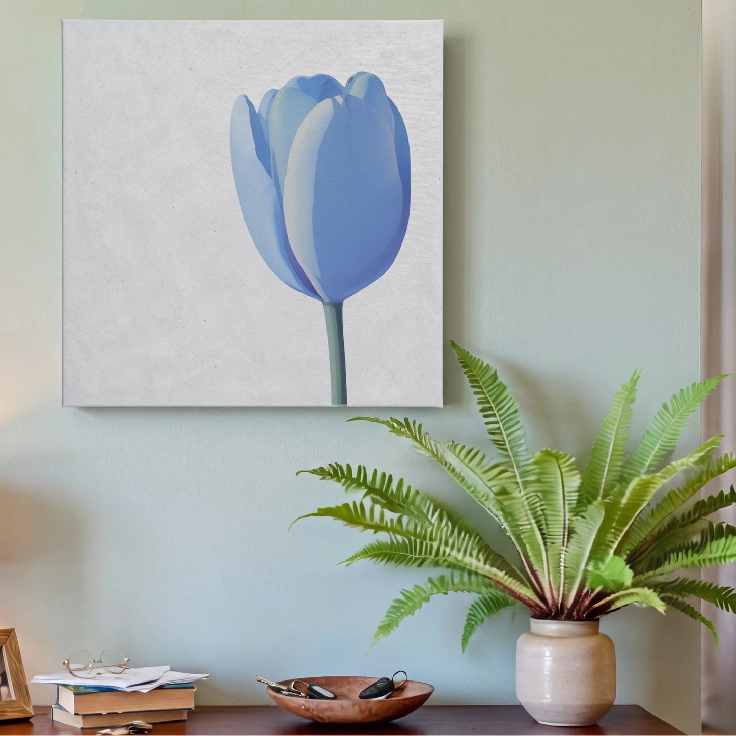 Slow living wall art tulip canvas in hallway with warm grey wall and dried pampas