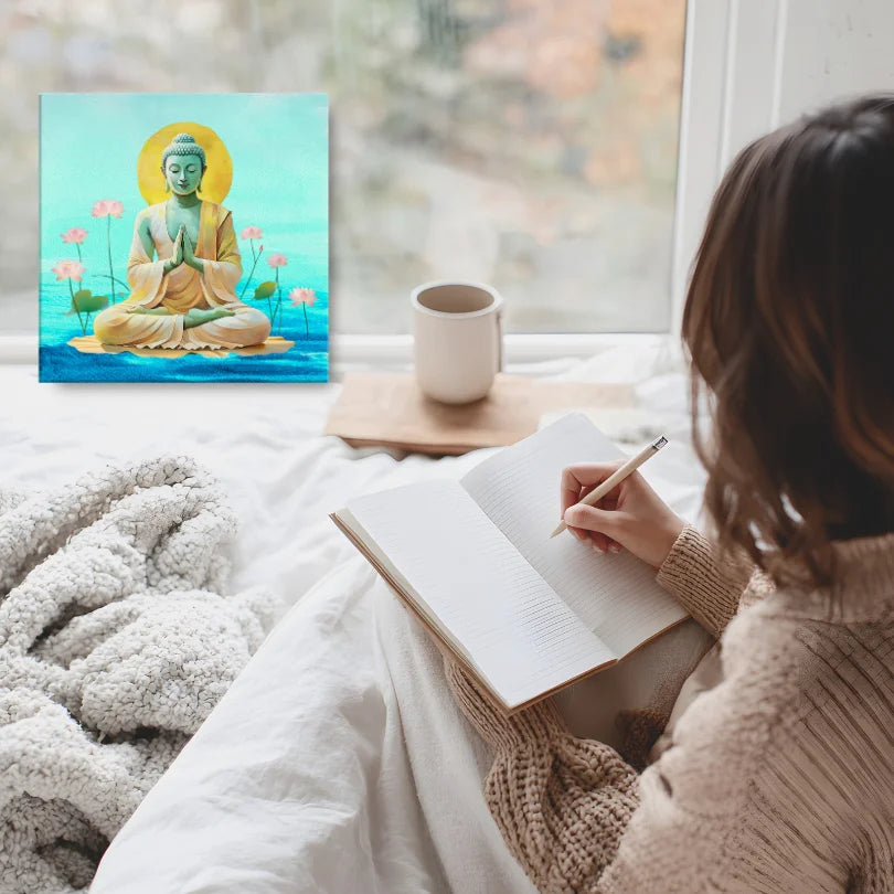 Woman relaxing and reading in a bright room with colorful Buddha painting on wall.