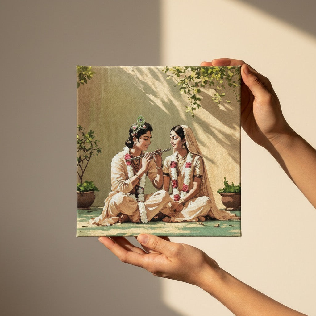 Close-up of Radha Krishna in verandah canvas showcasing spiritual love paintings.