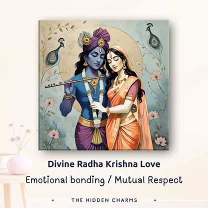 spiritual meaning of Krishna artwork above sofa adds spiritual couple painting charm to room decor.