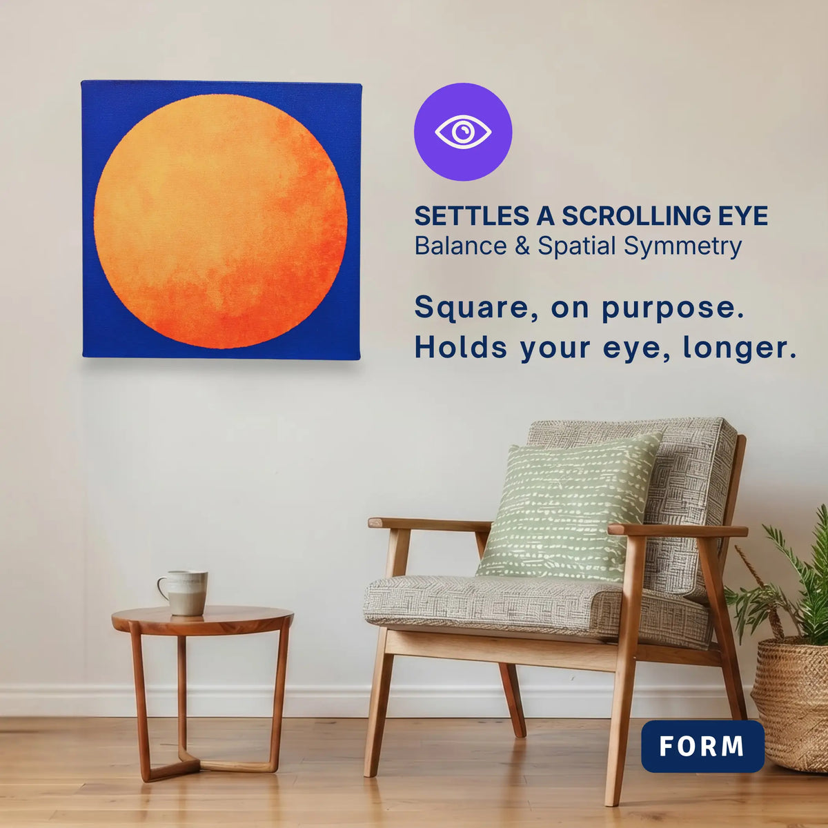 Square modern canvas wall art: RISE Sun hung beside an armchair in a calm room