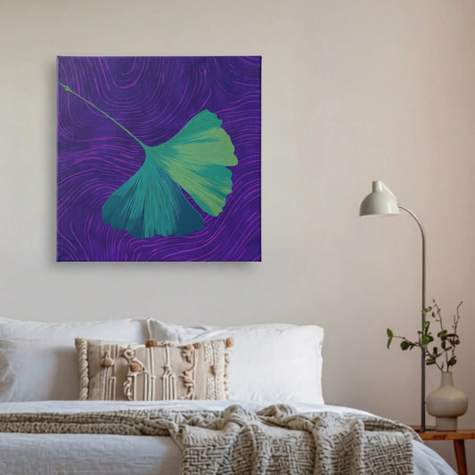 Relaxing wall art for bedroom, ginkgo canvas with white bed, brass floor lamp, and macrame cushions