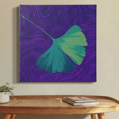 Stress relief wall art ginkgo leaf canvas printed in Australia, green ginkgo on purple square canvas, ready to hang by RoomFruit