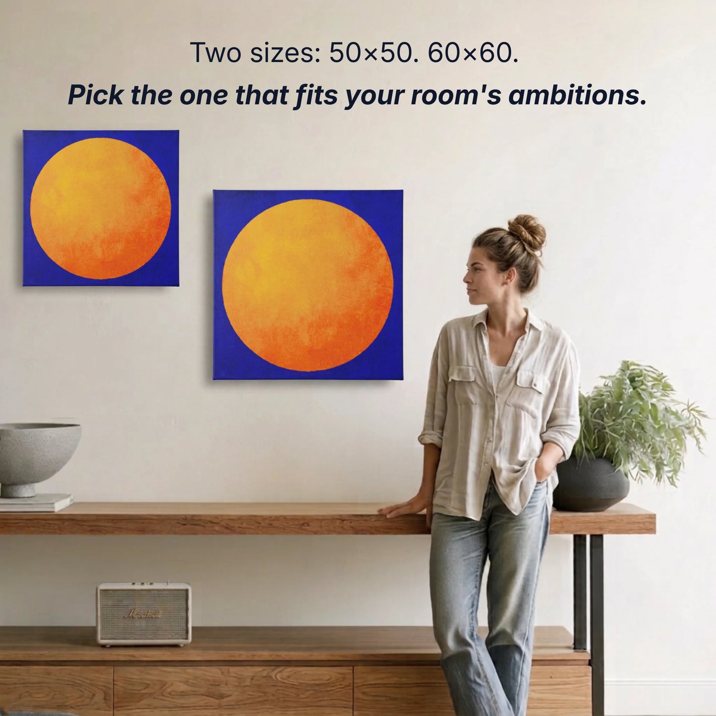 Sun canvas wall art two sizes 50x50cm and 60x60cm shown to scale, small wall art option available