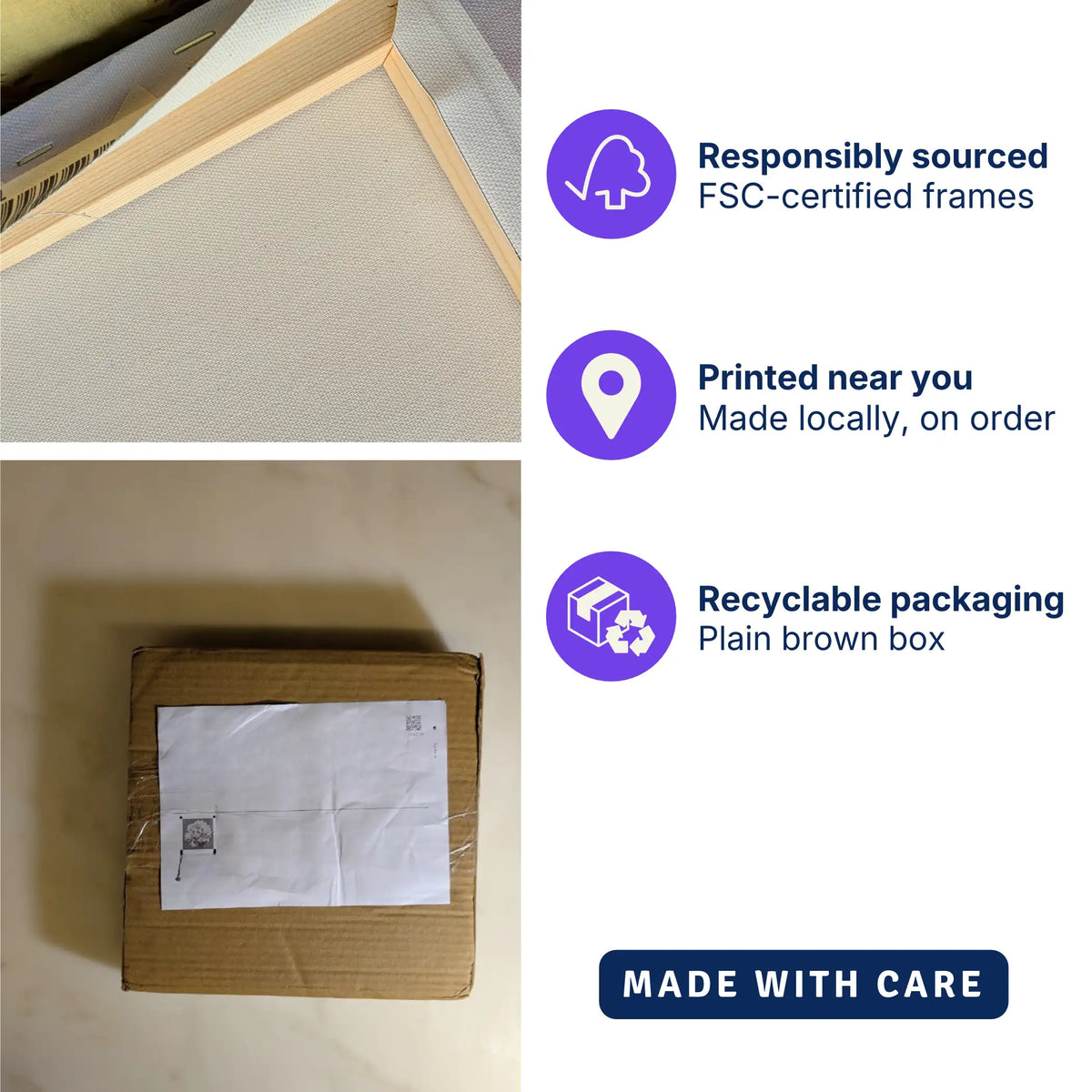 A composite promotional image showing a close-up of a light wood CANVAS FRAME AND PLAIN BROWN BOX PACKAGING