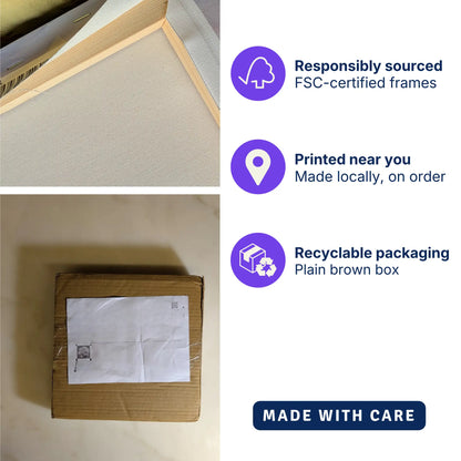 A composite promotional image showing a close-up of a light wood CANVAS FRAME AND PLAIN BROWN BOX PACKAGING