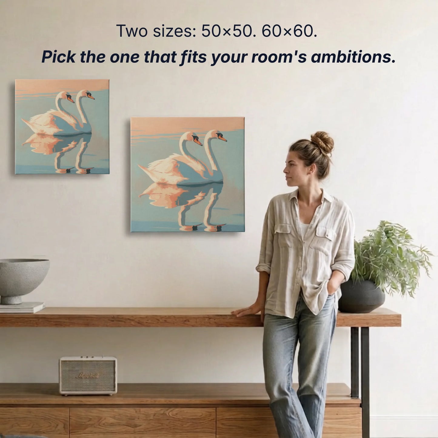 Swan canvas wall art two sizes 50x50cm and 60x60cm shown to scale, small wall art option available