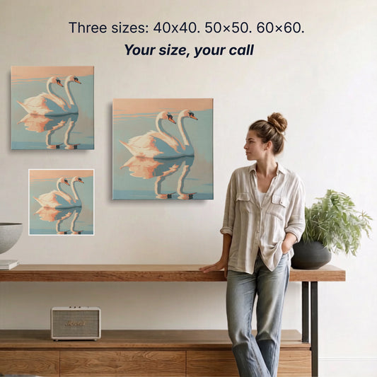 Swan canvas wall art two sizes 50x50cm and 60x60cm shown to scale, small wall art option available
