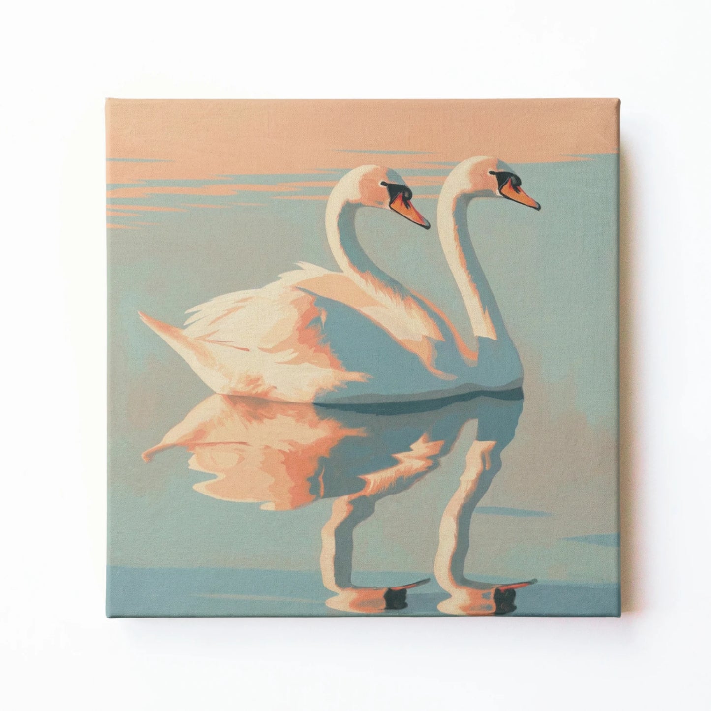 Swan wall art print by RoomFruit, two swans on peach and blue square printed canvas, Australian made
