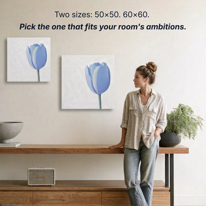 Tulip canvas wall art two sizes 50x50cm and 60x60cm shown to scale, small wall art option available