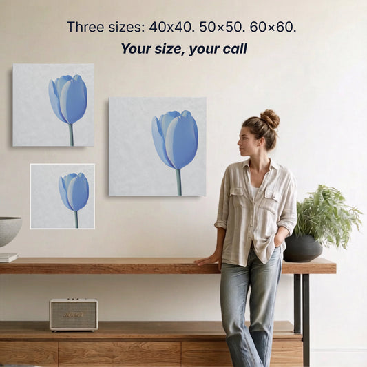 Tulip canvas wall art two sizes 50x50cm and 60x60cm shown to scale, small wall art option available