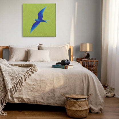 Uplifting wall art for bedroom, bird canvas above bed with neutral linen bedding and woven basket