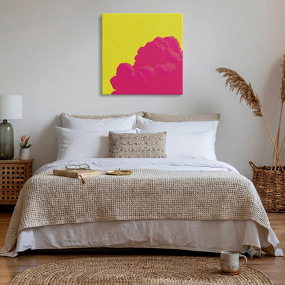 Uplifting wall art for bedroom, pink cloud canvas above bed with neutral linen bedding and dried pampas