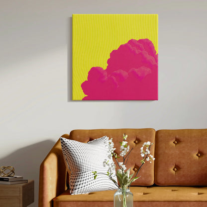 Uplifting wall art for living room, pink cloud canvas with tan leather sofa and warm timber furniture