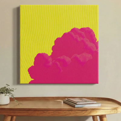 Uplifting wall art pink cloud canvas printed in Australia, magenta clouds on acid yellow square canvas, ready to hang by RoomFruit