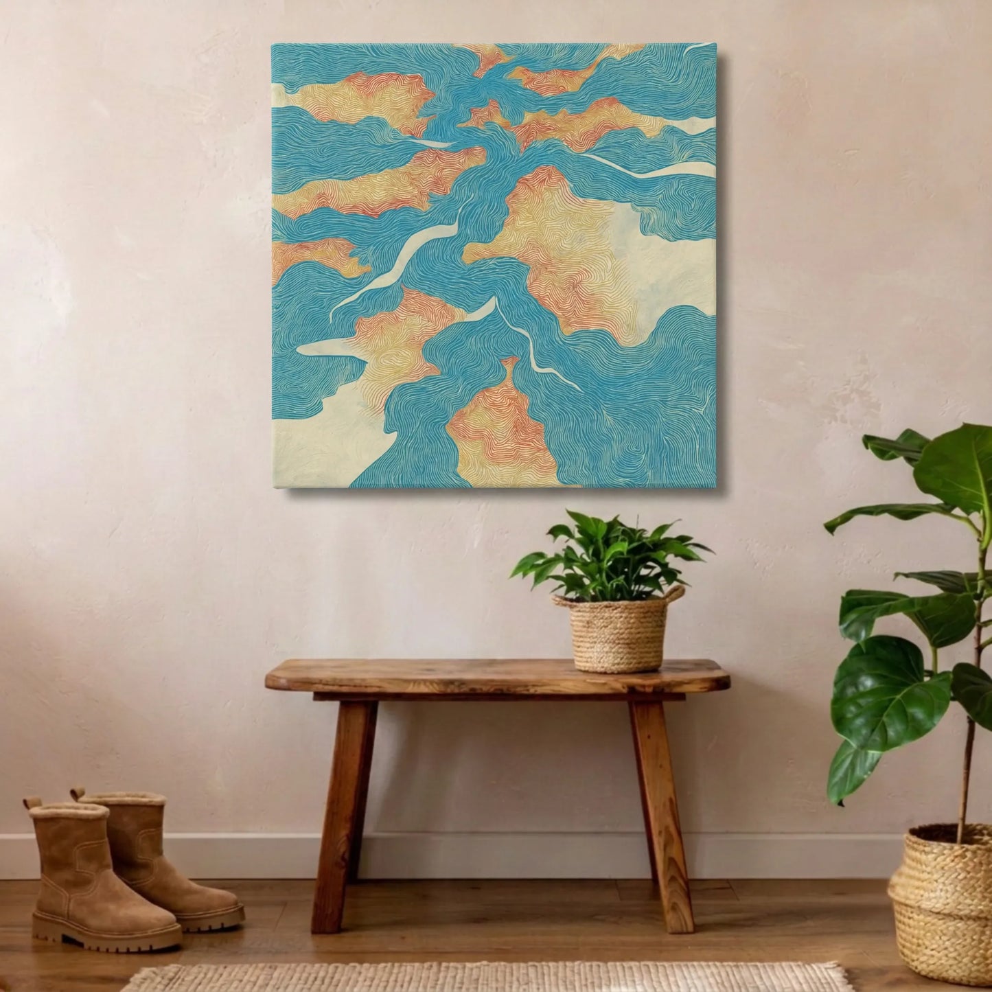Uplifting wall art river canvas in bathroom with bench, indoor plant and shoes