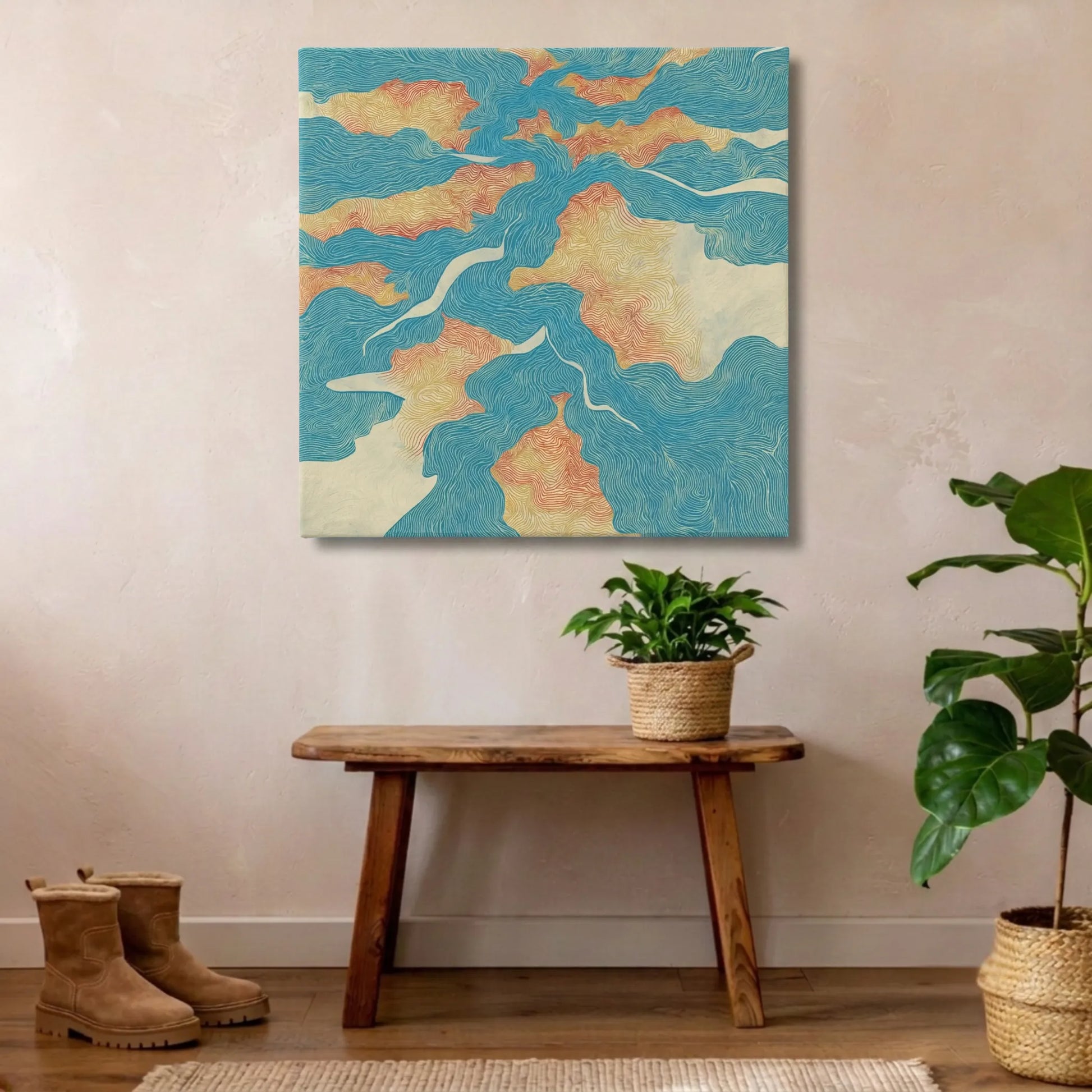 Uplifting wall art river canvas in bathroom with bench, indoor plant and shoes