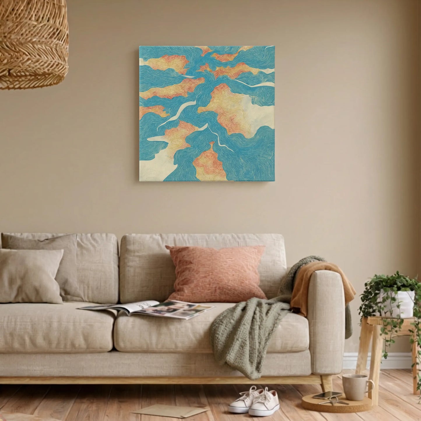 Uplifting wall art river canvas in living room with grey linen sofa, knit throw, and warm natural light