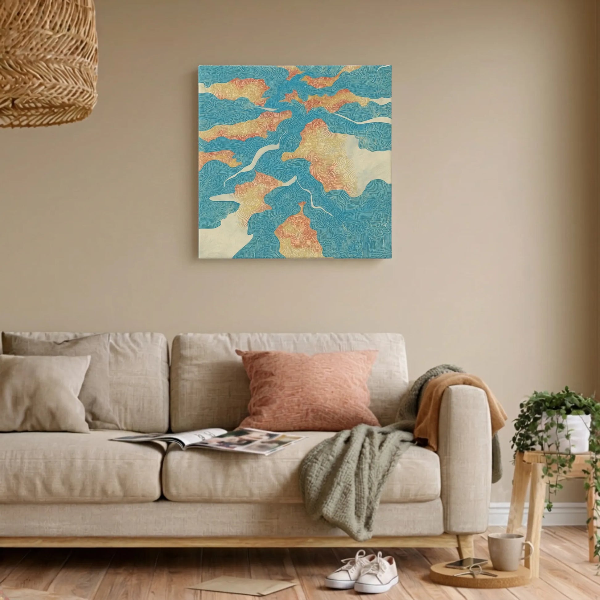 Uplifting wall art river canvas in living room with grey linen sofa, knit throw, and warm natural light