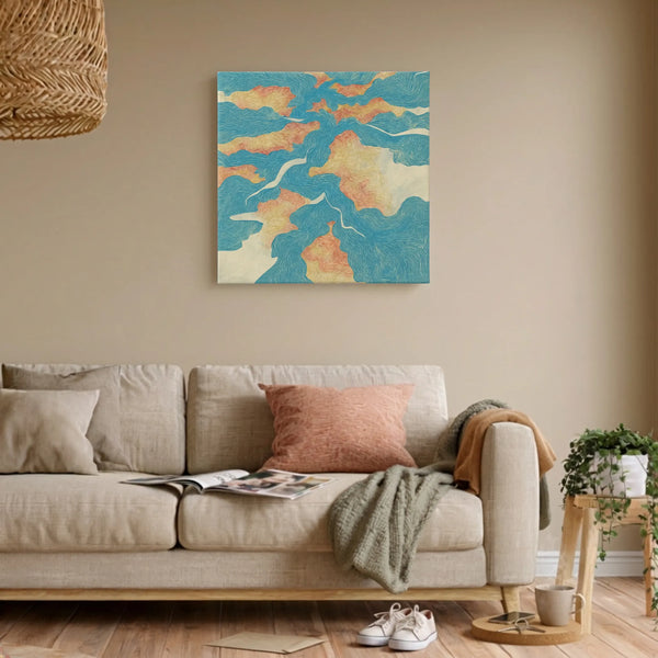 Uplifting wall art river canvas in living room with grey linen sofa, knit throw, and warm natural light