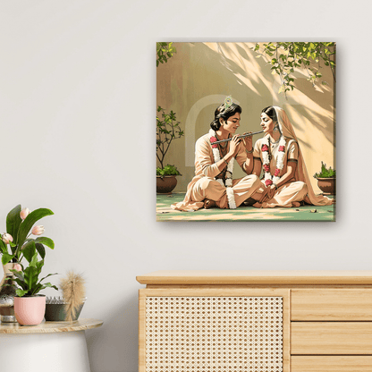 Hindu art canvas on wall enhances spiritual home decor with Radha Krishna divine couple art.
