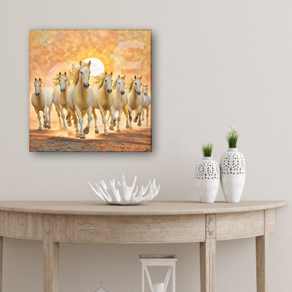 Vastu horses painting of running white horses wall art to boost wealth attraction art.
