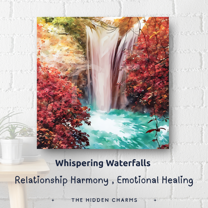spiritual meaning of waterfall painting for calm energy and peaceful wall art in meditation spaces.