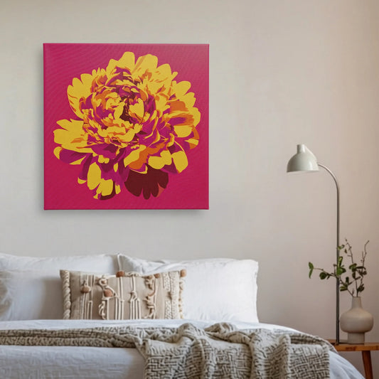 Vibrant wall art for bedroom, peony canvas above bed with grey linen bedding and warm natural light