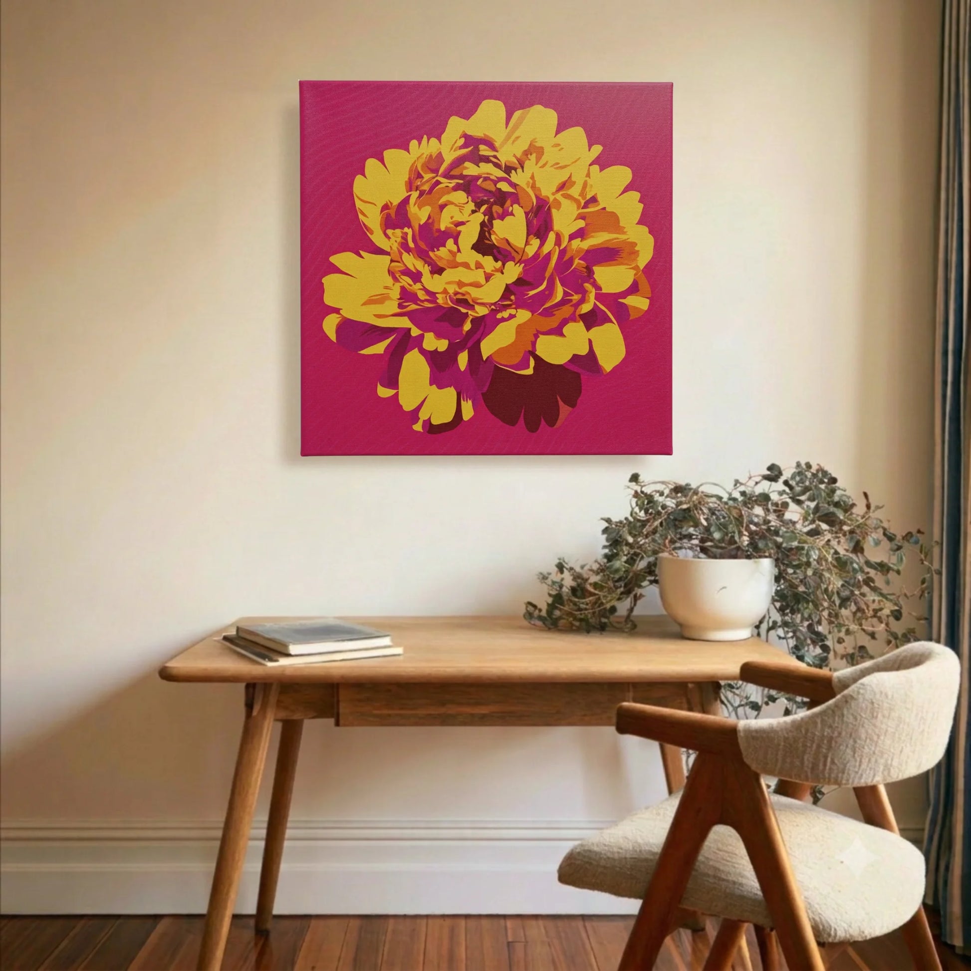 Vibrant wall art peony canvas in study with timber bench, ceramic vase, and indoor plants