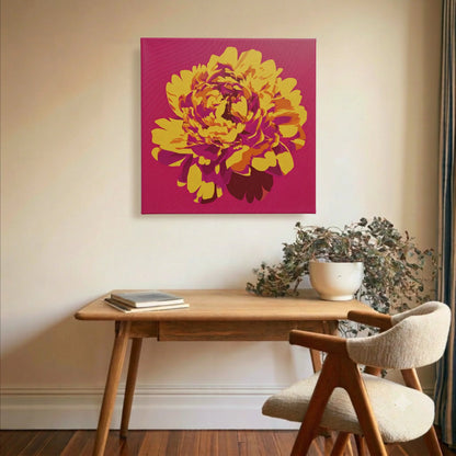 Vibrant wall art peony canvas in study with timber bench, ceramic vase, and indoor plants