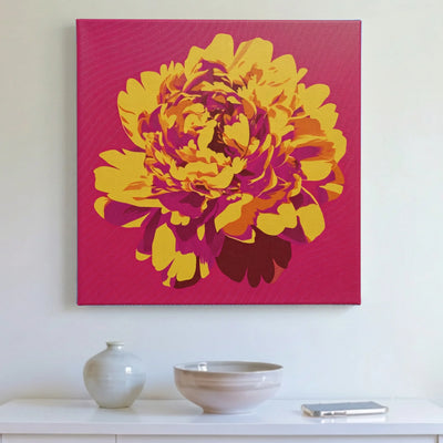 Vibrant wall art peony canvas printed in Australia, golden peony on magenta square canvas, ready to hang by RoomFruit