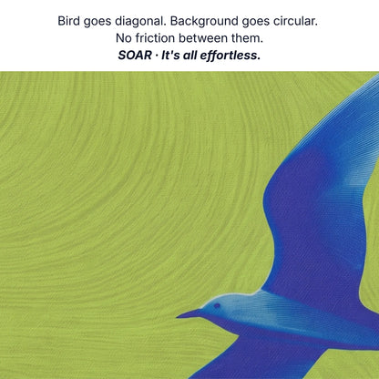 Wall art for a fresh start, bird goes diagonal background goes circular, no friction between them, bird canvas detail by RoomFruit