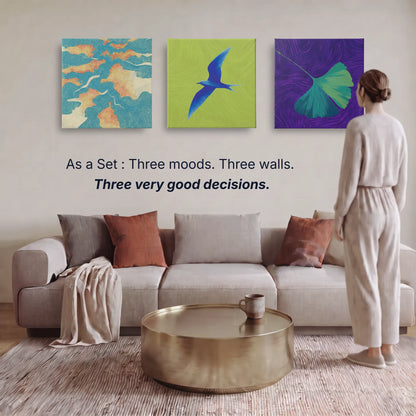 Wall art set of three canvas prints, river bird and ginkgo, three moods three walls, inspirational wall art collection by RoomFruit