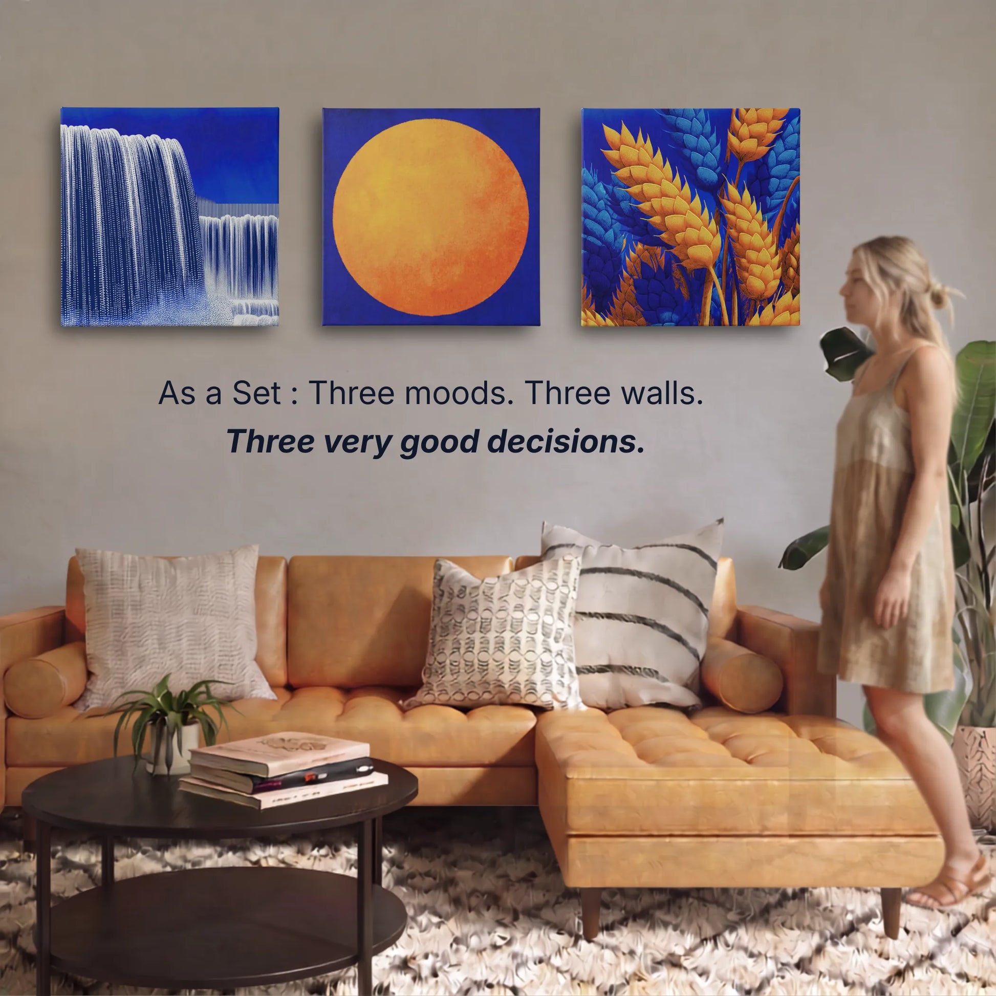 Wall art set of three canvas prints, waterfall sun and harvest, three moods three walls, motivational wall art collection by RoomFruit
